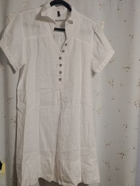 White Linen Midi Dress with Button Placket